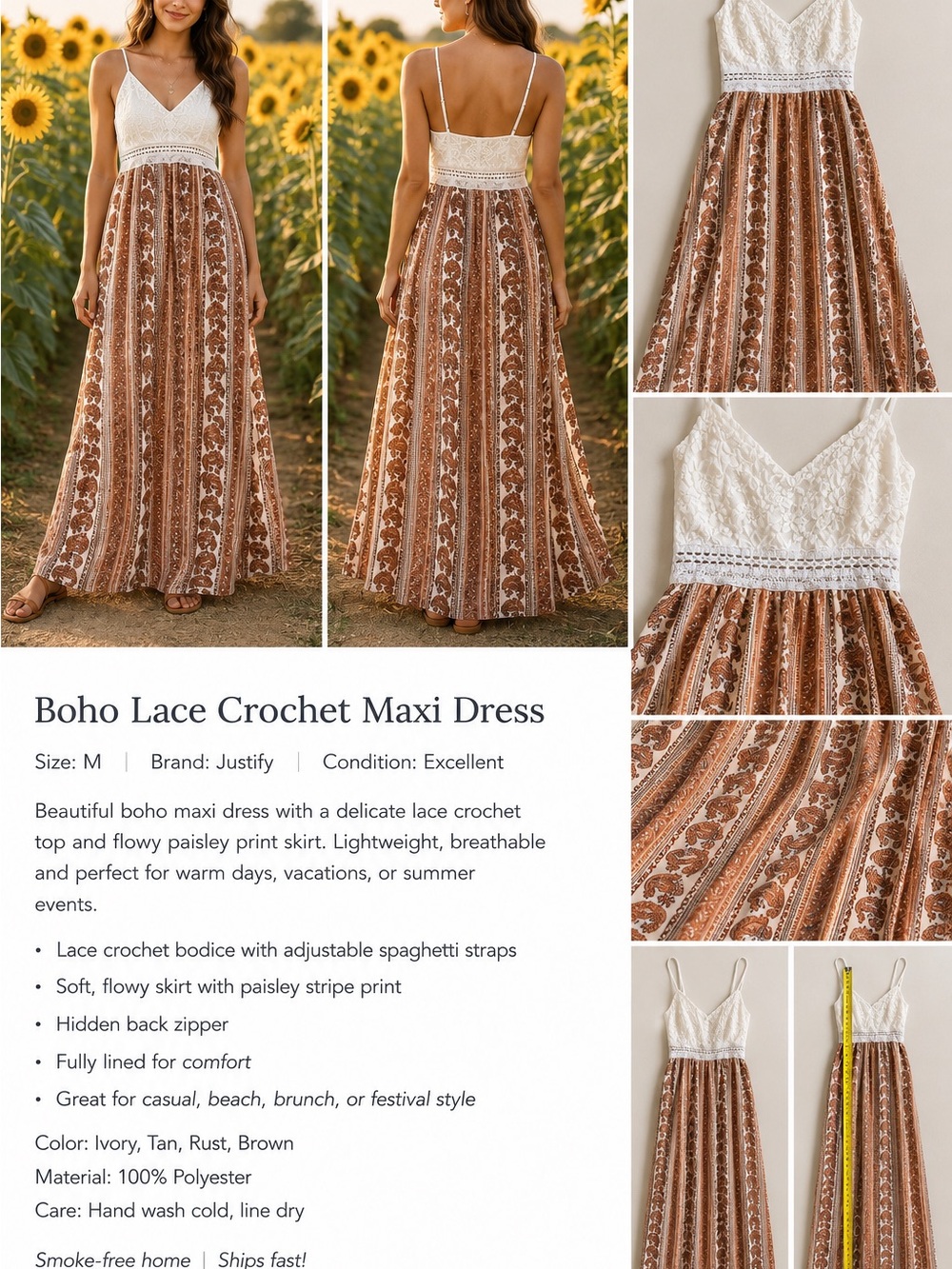 Justify Ivory, Tan & Rust Paisley Lace Crochet Maxi Dress